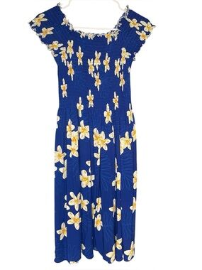 Favant Hawaii Plumeria blue Women's Short Cap-Sleeve Elastic Dress Hawaiian OS
